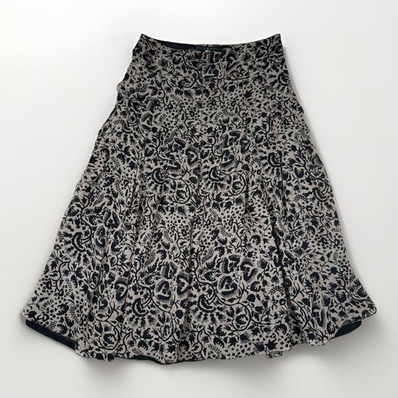 Peruvian Connection Silk Floral Midi Skirt Size 4 Chiffon Indie Flowy Black Tan - Picture 1 of 9
